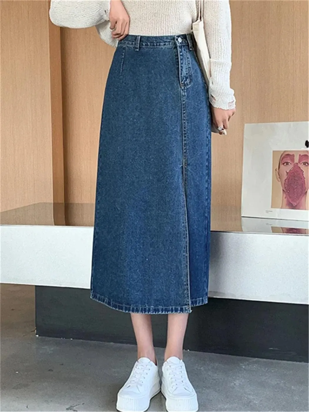 Women's High Waist Side Split Denim Long Skirts Spring Summer Vintage Dark Blue Jeans Skirts