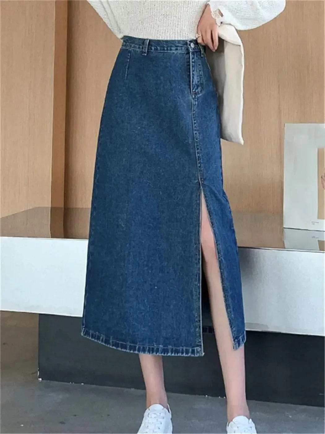 Women's High Waist Side Split Denim Long Skirts Spring Summer Vintage Dark Blue Jeans Skirts