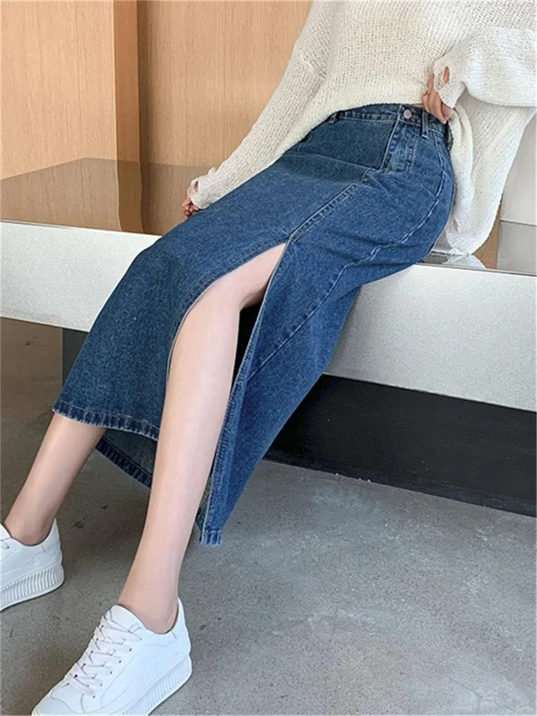 Women's High Waist Side Split Denim Long Skirts Spring Summer Vintage Dark Blue Jeans Skirts