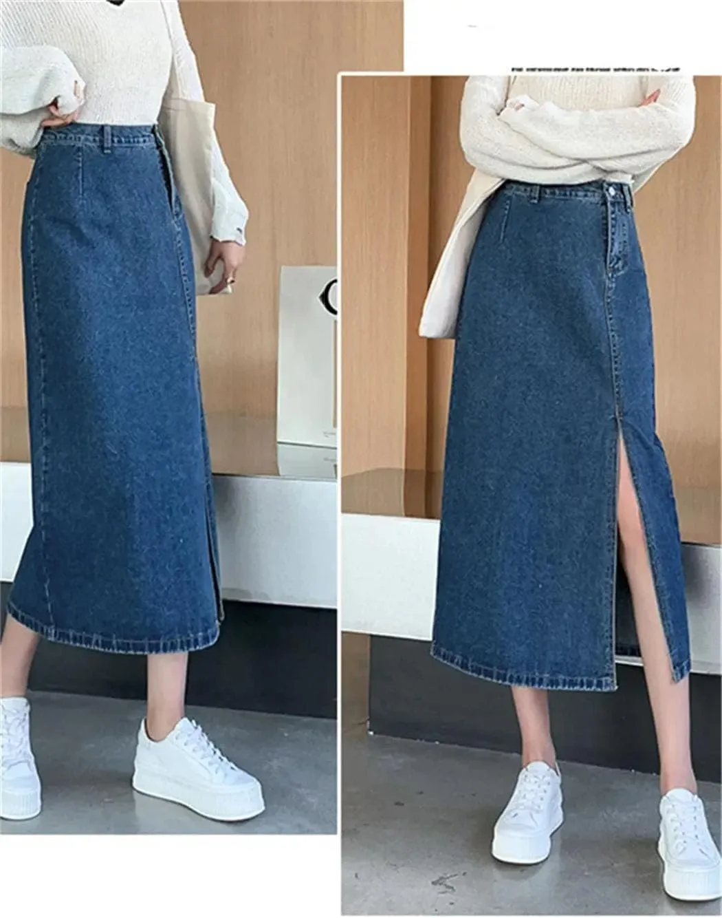 Women's High Waist Side Split Denim Long Skirts Spring Summer Vintage Dark Blue Jeans Skirts