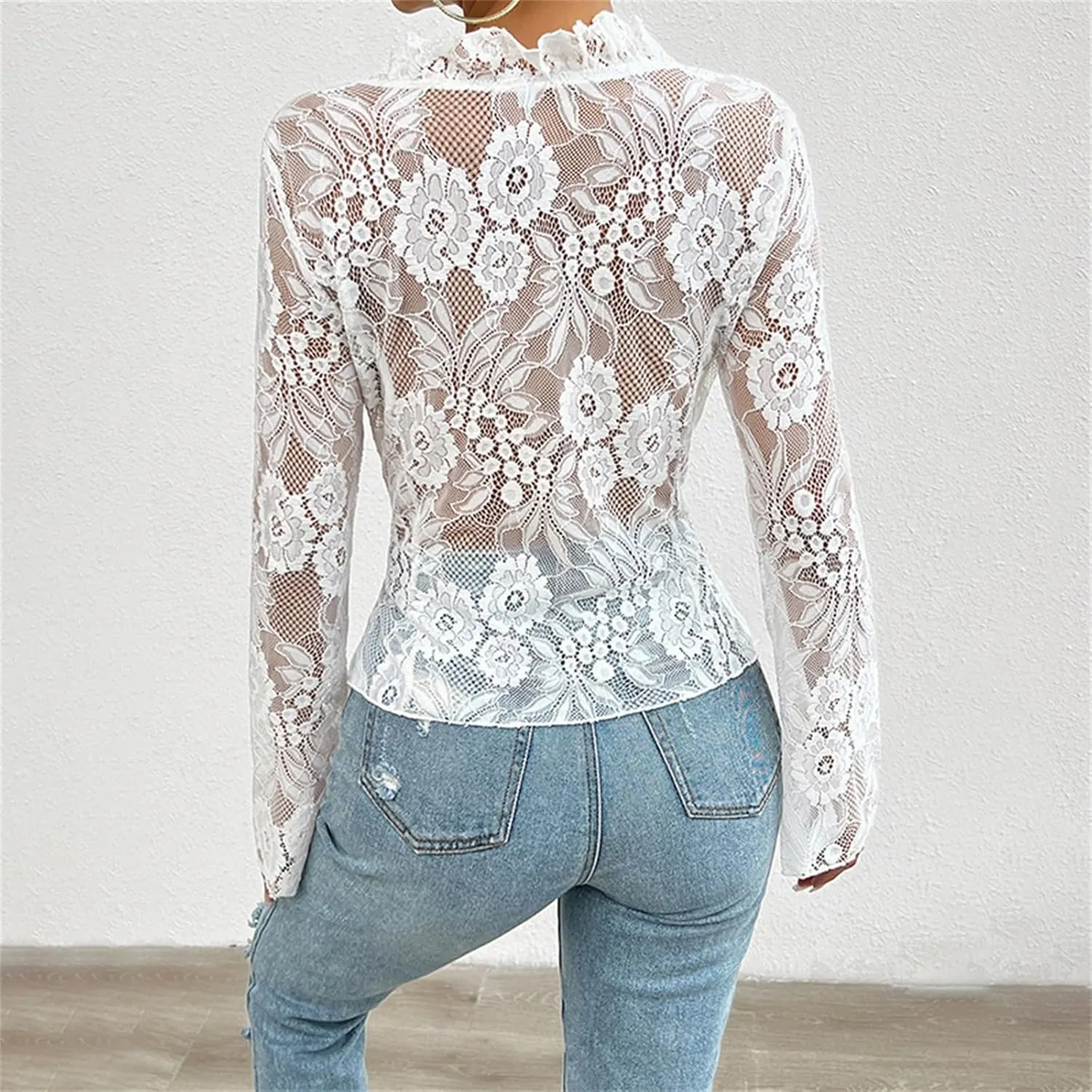 Women's Lace Long Sleeve Crop Top Sexy V Neck See Through Shirt Floral Lace Open Front Tie Blouse Streetwear