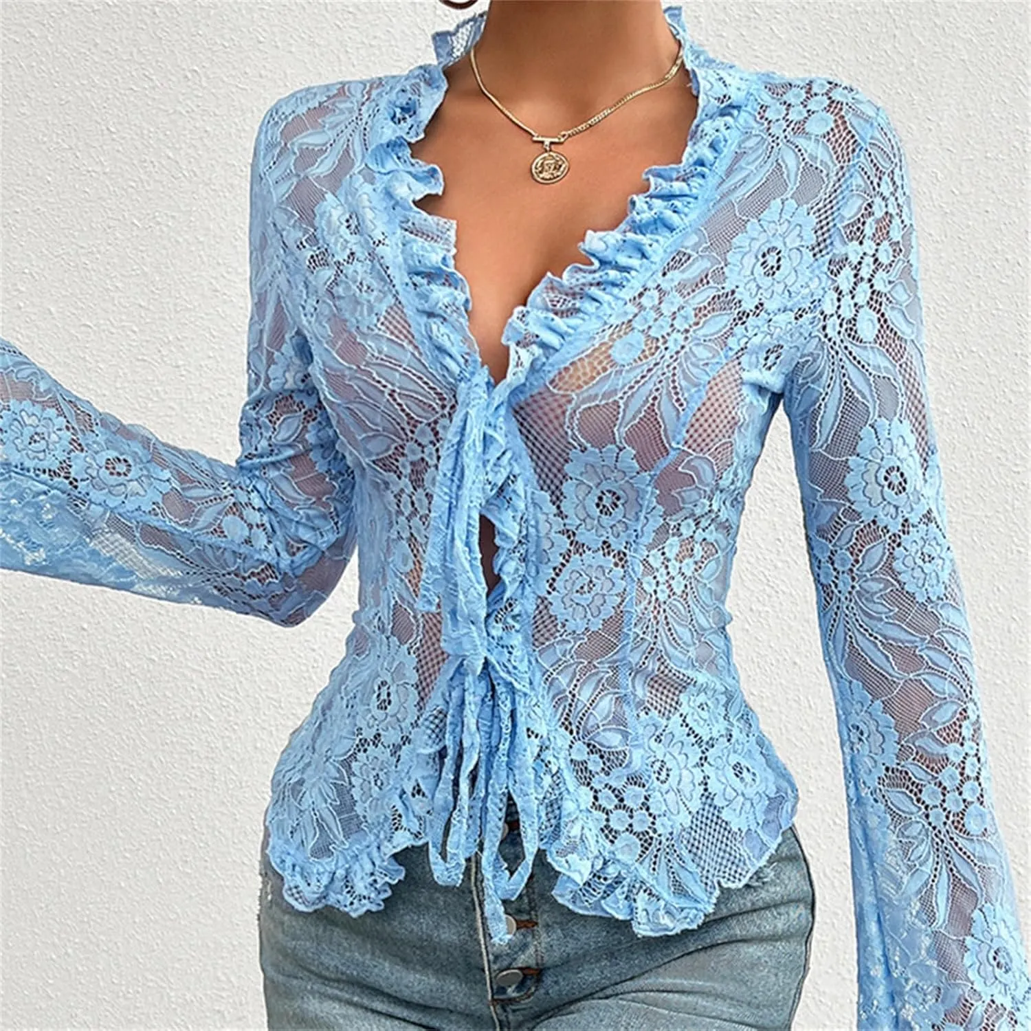 Women's Lace Long Sleeve Crop Top Sexy V Neck See Through Shirt Floral Lace Open Front Tie Blouse Streetwear