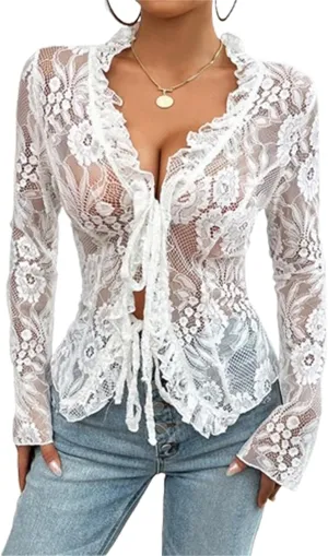 Women's Lace Long Sleeve Crop Top Sexy V Neck See Through Shirt Floral Lace Open Front Tie Blouse Streetwear