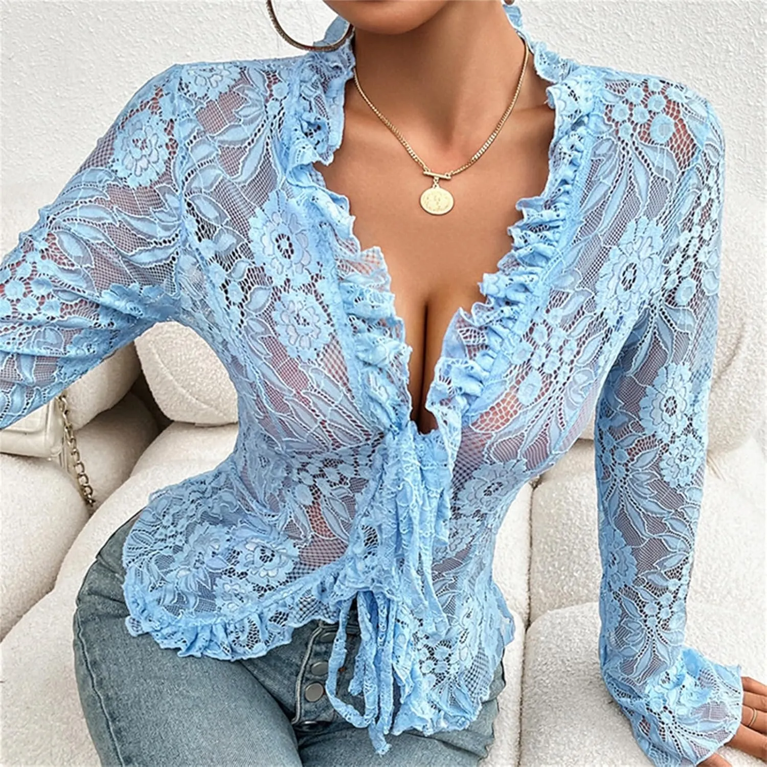 Women's Lace Long Sleeve Crop Top Sexy V Neck See Through Shirt Floral Lace Open Front Tie Blouse Streetwear