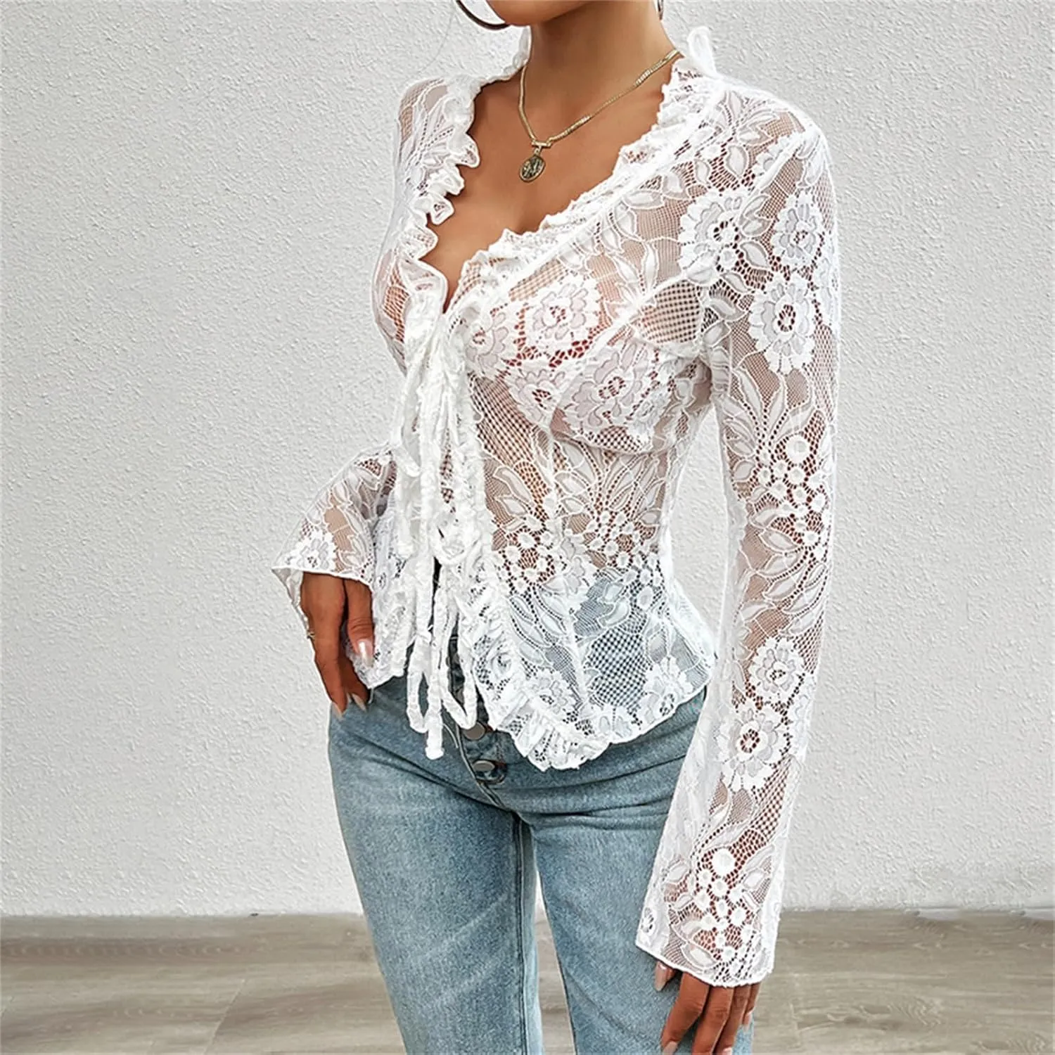 Women's Lace Long Sleeve Crop Top Sexy V Neck See Through Shirt Floral Lace Open Front Tie Blouse Streetwear