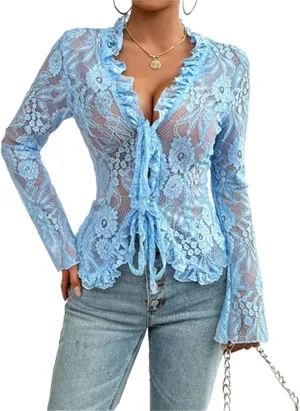 Women's Lace Long Sleeve Crop Top Sexy V Neck See Through Shirt Floral Lace Open Front Tie Blouse Streetwear