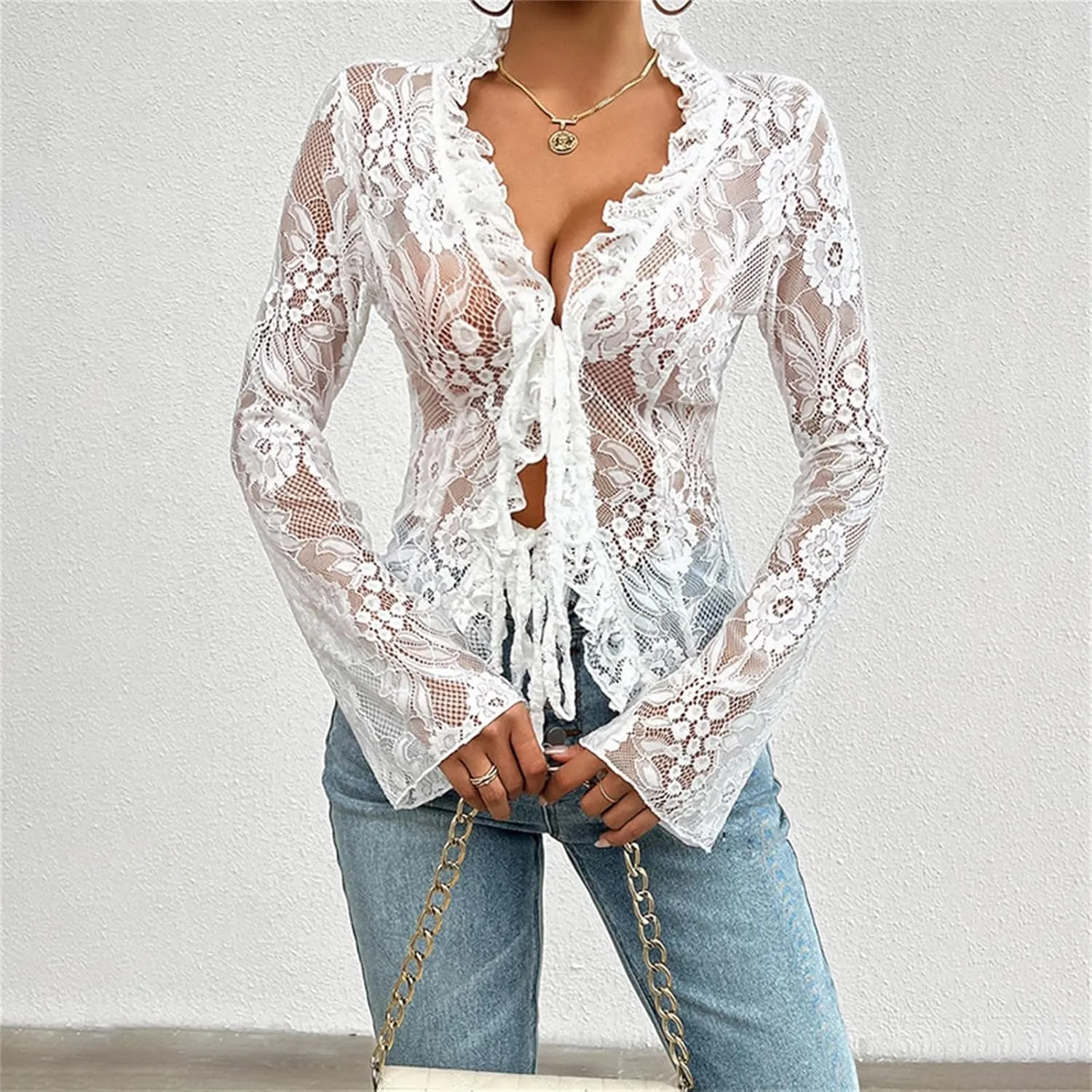 Women's Lace Long Sleeve Crop Top Sexy V Neck See Through Shirt Floral Lace Open Front Tie Blouse Streetwear