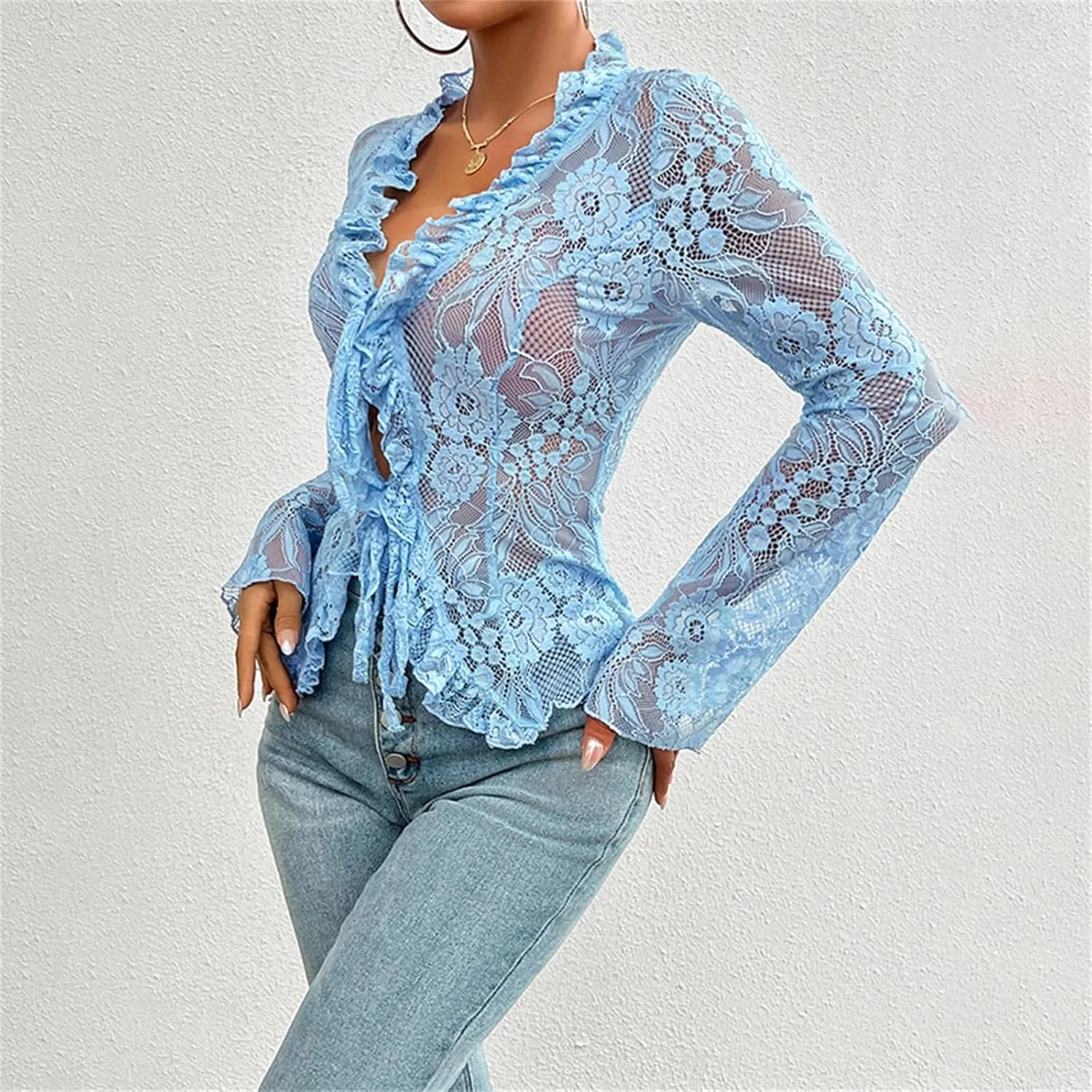 Women's Lace Long Sleeve Crop Top Sexy V Neck See Through Shirt Floral Lace Open Front Tie Blouse Streetwear