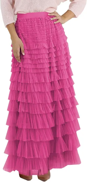 Women's Long Maxi Tulle Skirts A Line High Waisted Tiered Layered Midi Skirt Mesh Ruffle Tutu Petticoat