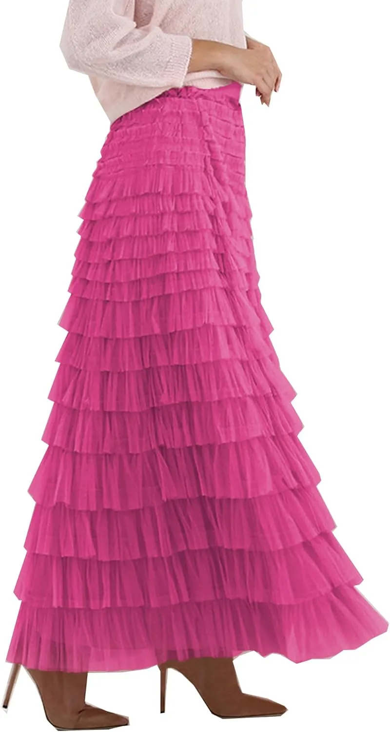 Women's Long Maxi Tulle Skirts A Line High Waisted Tiered Layered Midi Skirt Mesh Ruffle Tutu Petticoat