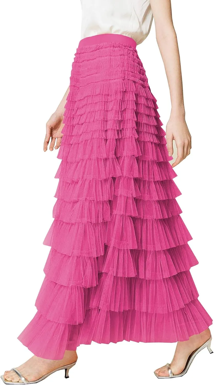 Women's Long Maxi Tulle Skirts A Line High Waisted Tiered Layered Midi Skirt Mesh Ruffle Tutu Petticoat
