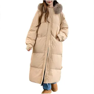 Women's Long Puffer Jacket Casual Zip Up Quilted Hooded Thickened Warm Winter Padded Down Coat Loose Outerwear