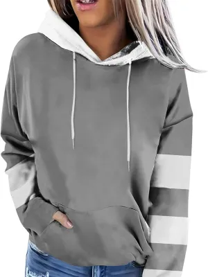 Women's Long sleeves Color Block Hoodie Tops Cute Casual Drawstring Loose Lightweight Tunic Pullover With Pockets