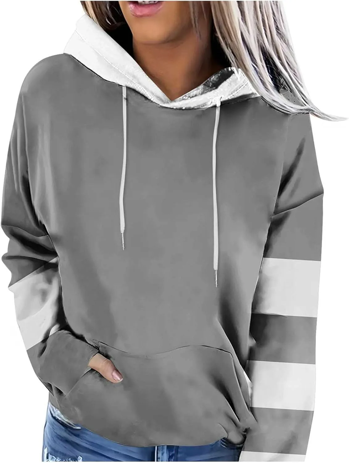 Women's Long sleeves Color Block Hoodie Tops Cute Casual Drawstring Loose Lightweight Tunic Pullover With Pockets
