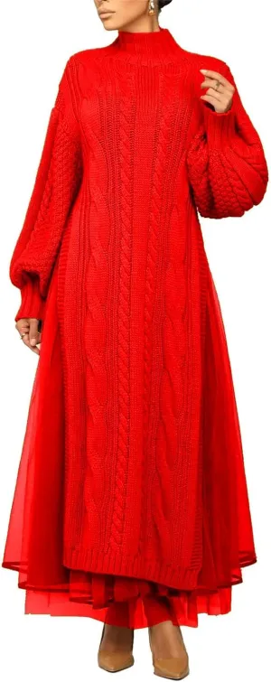 Womens Long Sweater Dress Long Sleeve Turtleneck Cable Knit Lace Slit A Line Pullover Dresses