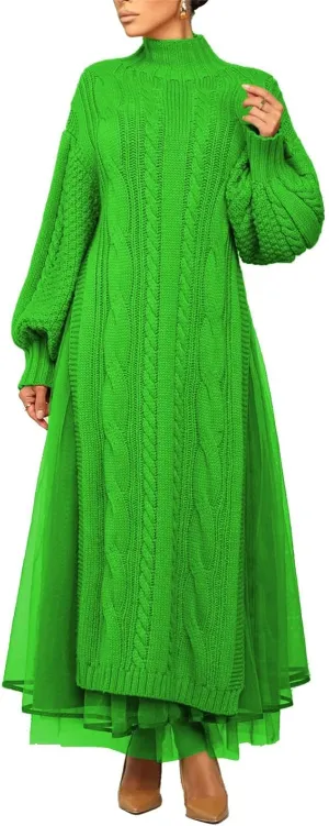 Womens Long Sweater Dress Long Sleeve Turtleneck Cable Knit Lace Slit A Line Pullover Dresses