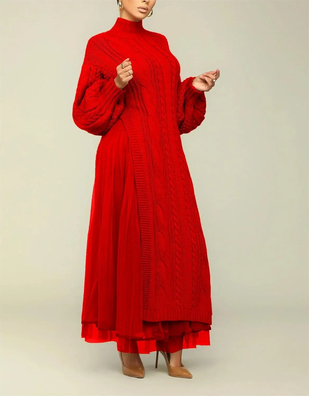 Womens Long Sweater Dress Long Sleeve Turtleneck Cable Knit Lace Slit A Line Pullover Dresses