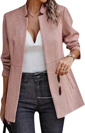 Women's Mid Length Plus Size Classic Jacket Fall Winter Business Outerwear Wool Blend Full Lining Checkered Blazer
