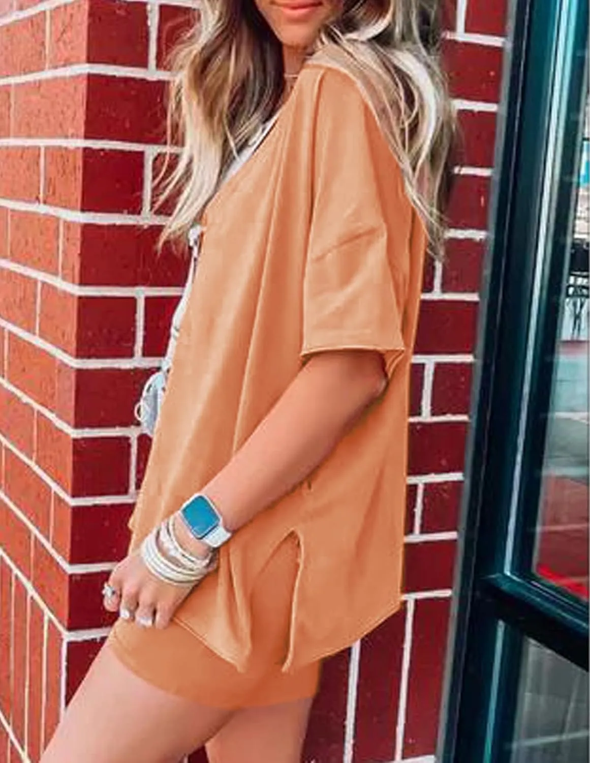 Women's Oversized 2 Piece Outfits V Neck T-Shirts Biker Shorts Tracksuit Hot Shot Reversible Sets