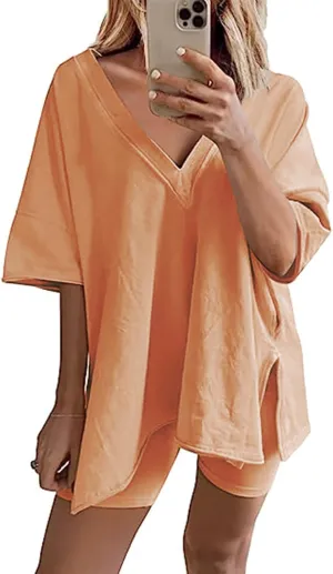 Women's Oversized 2 Piece Outfits V Neck T-Shirts Biker Shorts Tracksuit Hot Shot Reversible Sets