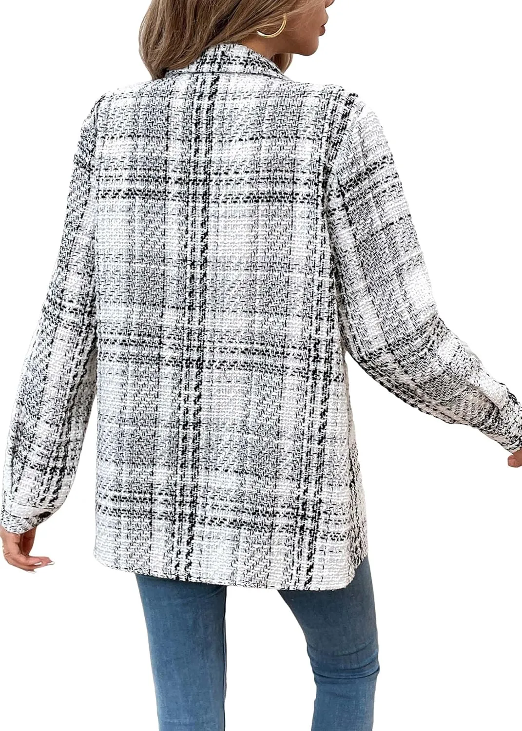Womens Plaid Jacket 2024 Fall Long Lightweight Casual Elegant Button Down Lapel Fashion Blazer Shirt with Pockets