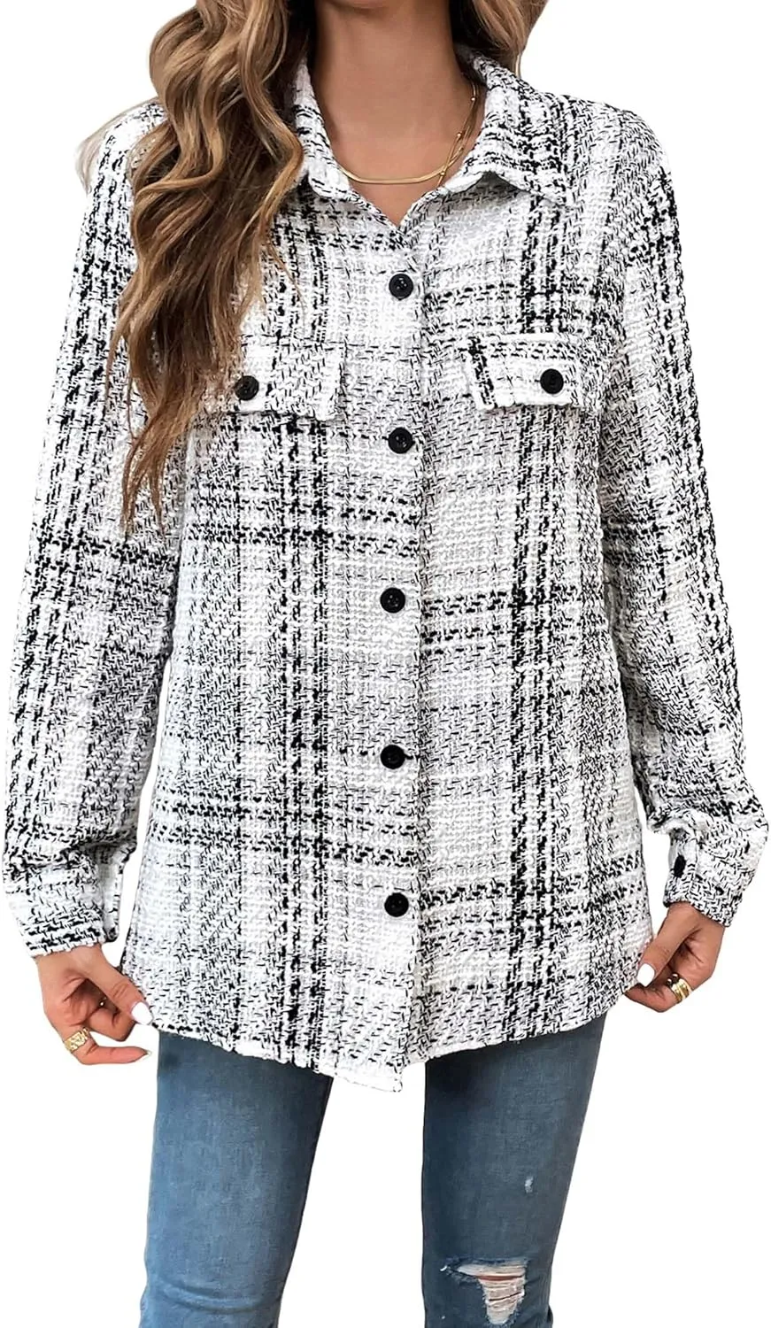 Womens Plaid Jacket 2024 Fall Long Lightweight Casual Elegant Button Down Lapel Fashion Blazer Shirt with Pockets