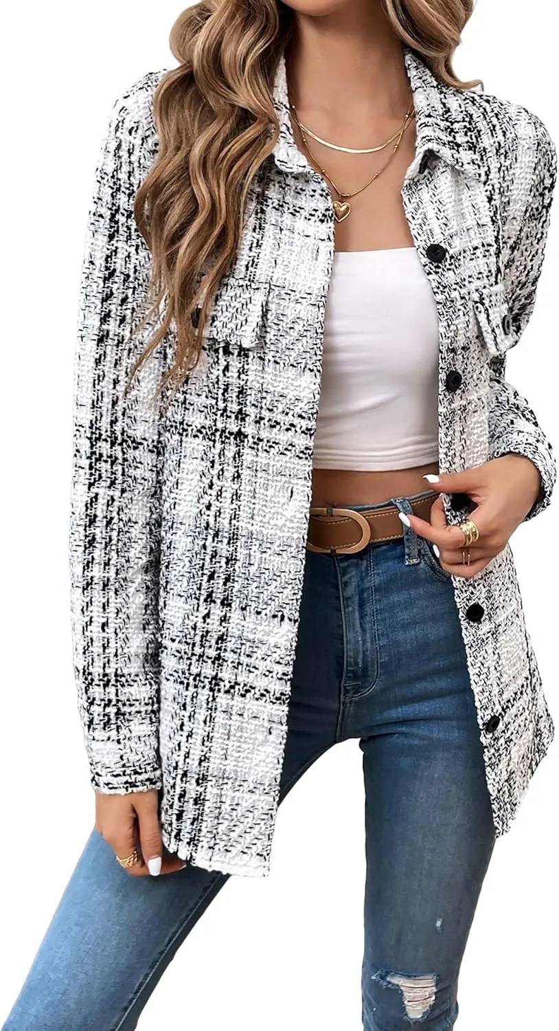 Womens Plaid Jacket 2024 Fall Long Lightweight Casual Elegant Button Down Lapel Fashion Blazer Shirt with Pockets