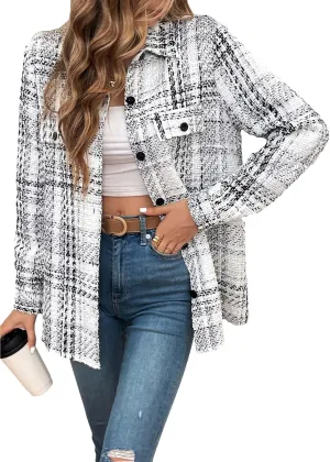 Womens Plaid Jacket 2024 Fall Long Lightweight Casual Elegant Button Down Lapel Fashion Blazer Shirt with Pockets
