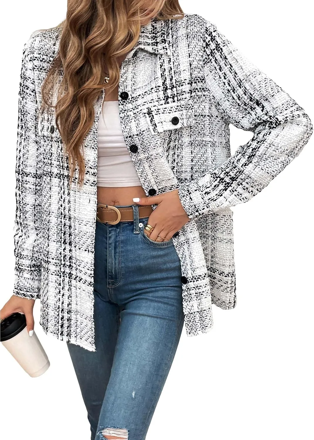 Womens Plaid Jacket 2024 Fall Long Lightweight Casual Elegant Button Down Lapel Fashion Blazer Shirt with Pockets