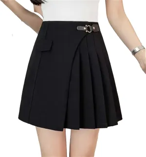 Womens Pleated Mini Skirts High Waist A-Line Short Skort Asymmetrical Folded Short Half Skirt