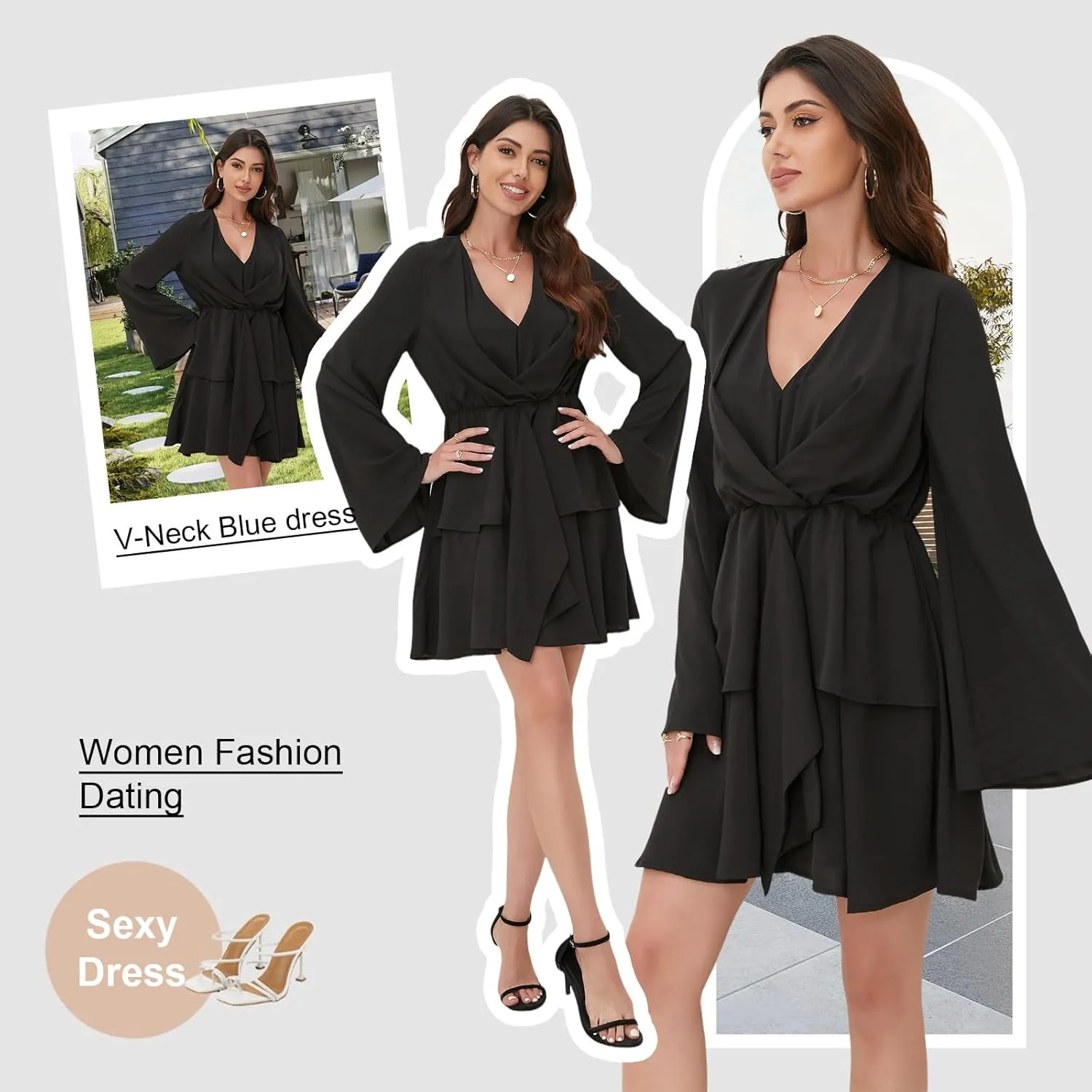 Women's Sexy V-Neck Long Sleeved Waist Pleated Hem Flowing and Swaying Mini A-line Skirt