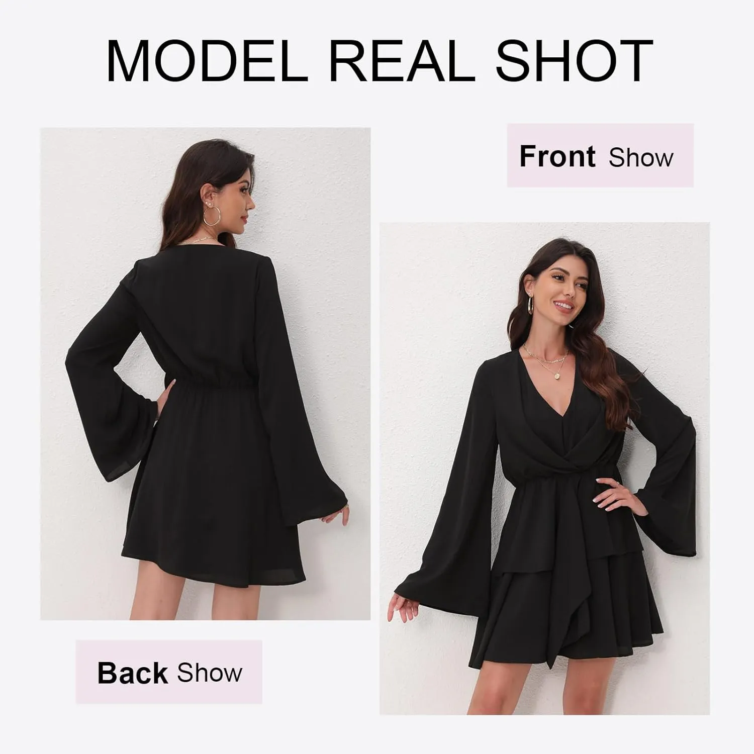 Women's Sexy V-Neck Long Sleeved Waist Pleated Hem Flowing and Swaying Mini A-line Skirt