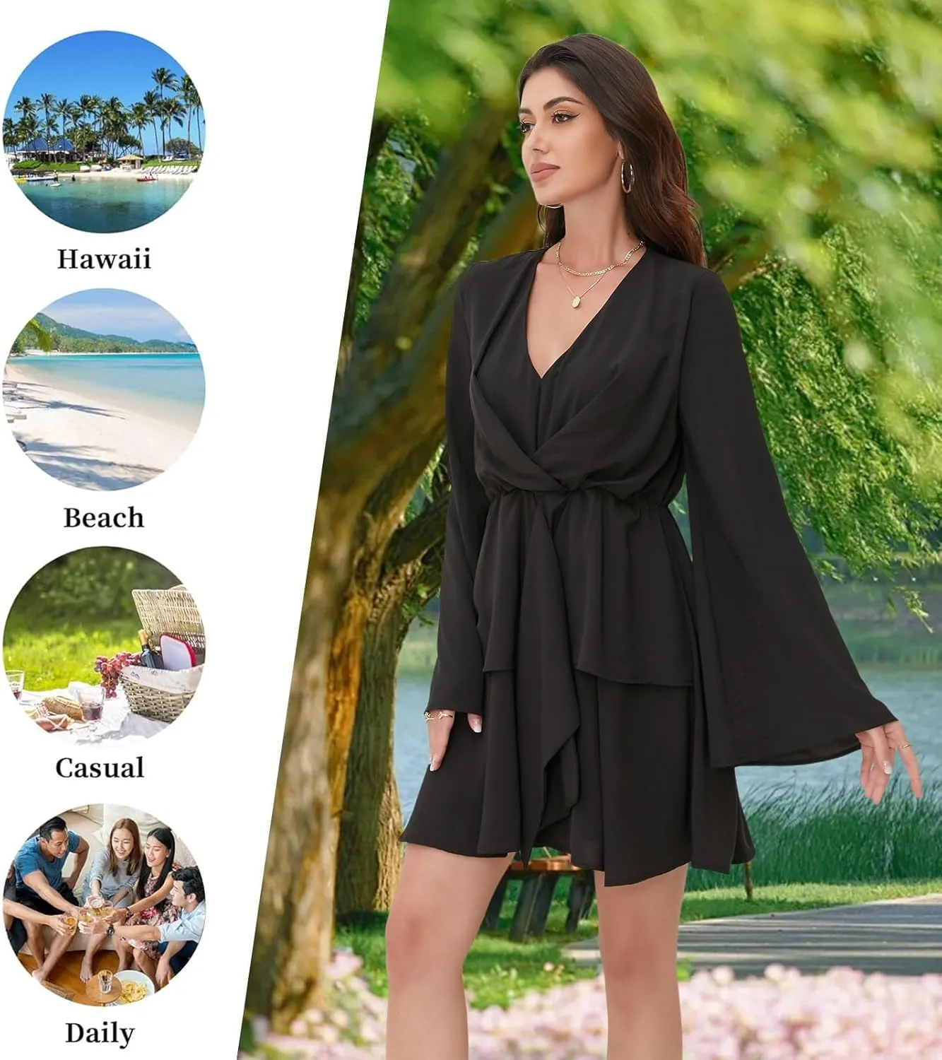 Women's Sexy V-Neck Long Sleeved Waist Pleated Hem Flowing and Swaying Mini A-line Skirt