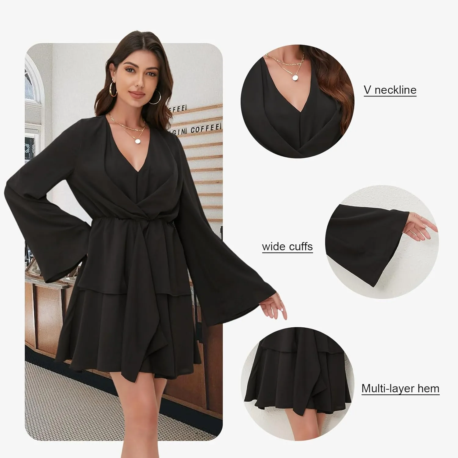 Women's Sexy V-Neck Long Sleeved Waist Pleated Hem Flowing and Swaying Mini A-line Skirt