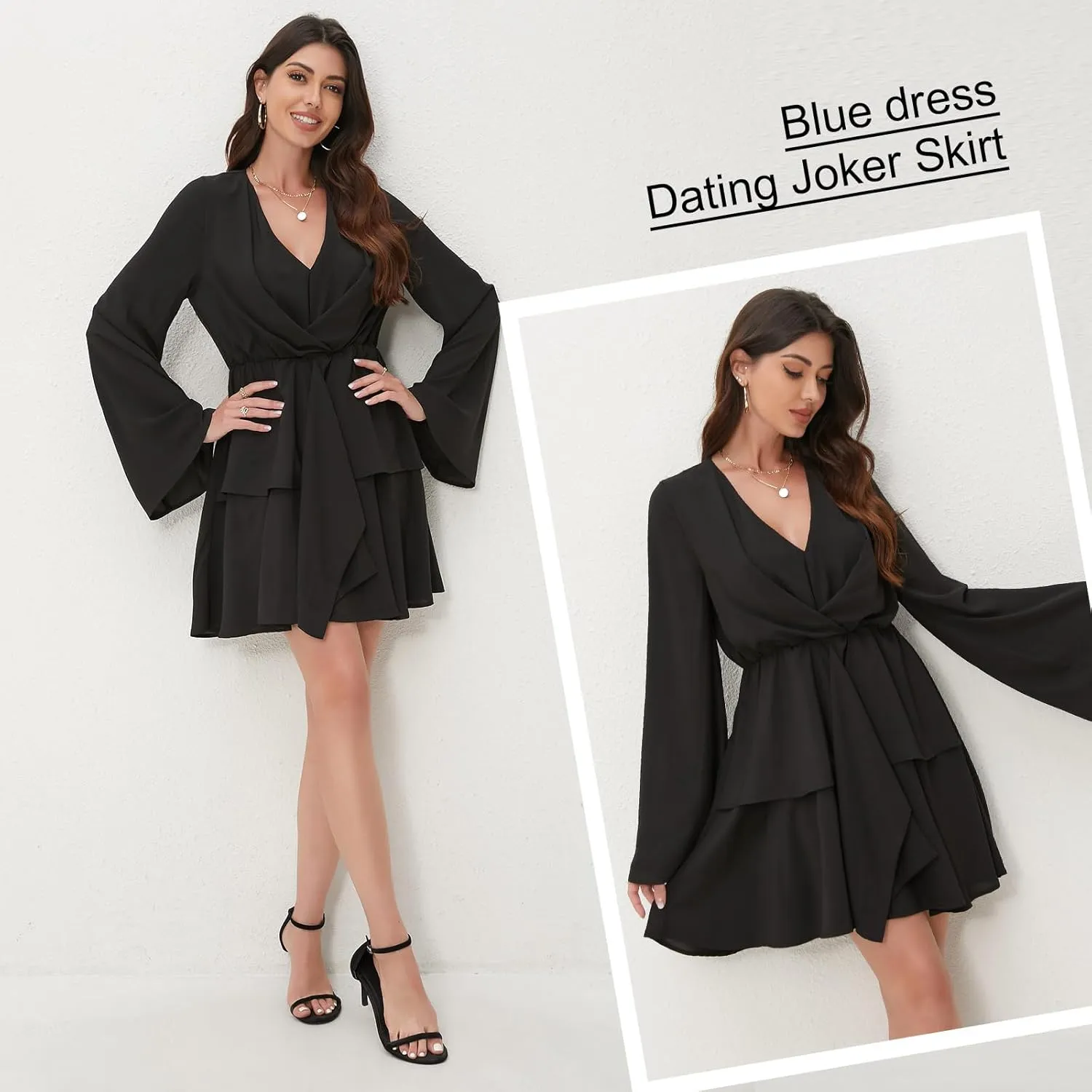 Women's Sexy V-Neck Long Sleeved Waist Pleated Hem Flowing and Swaying Mini A-line Skirt