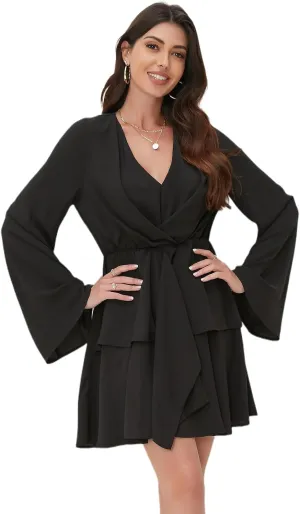 Women's Sexy V-Neck Long Sleeved Waist Pleated Hem Flowing and Swaying Mini A-line Skirt