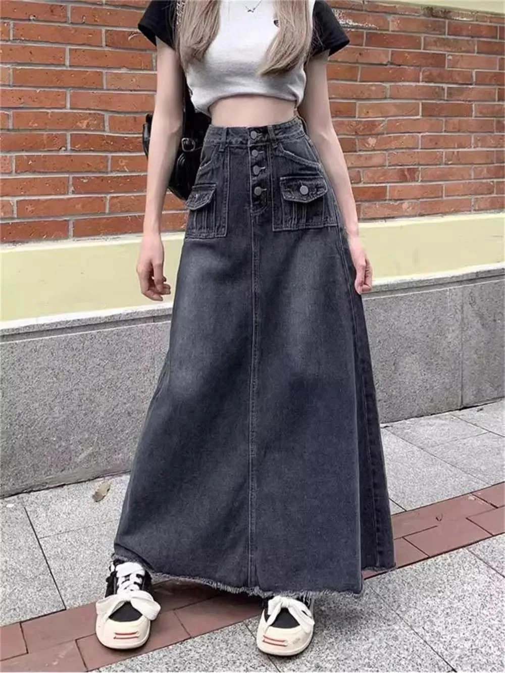 Women's Single Row Button Denim Skirt Vintage Summer Ankle-Length A-Line Long Skirts