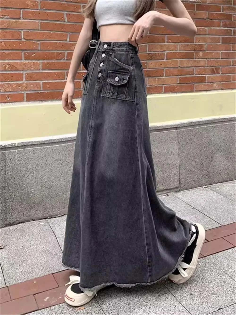 Women's Single Row Button Denim Skirt Vintage Summer Ankle-Length A-Line Long Skirts