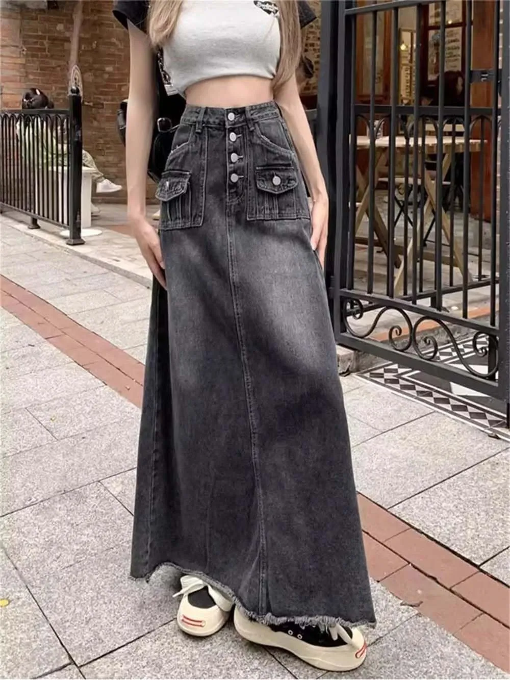 Women's Single Row Button Denim Skirt Vintage Summer Ankle-Length A-Line Long Skirts