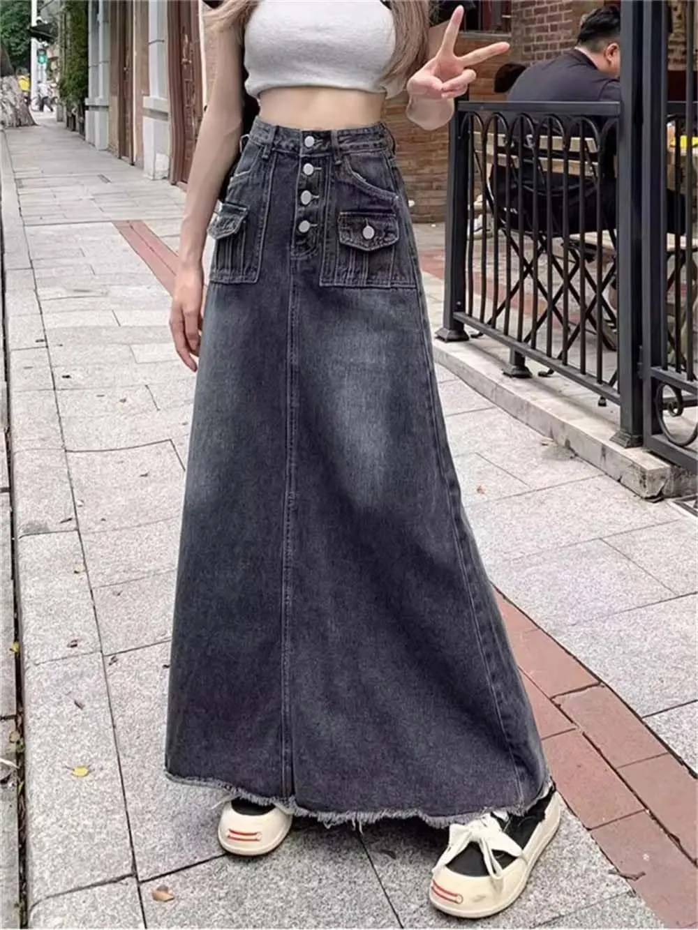 Women's Single Row Button Denim Skirt Vintage Summer Ankle-Length A-Line Long Skirts