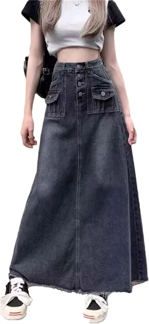 Women's Single Row Button Denim Skirt Vintage Summer Ankle-Length A-Line Long Skirts