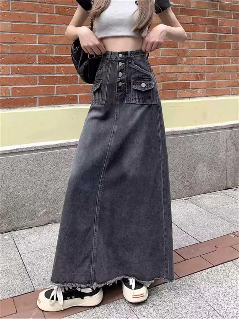 Women's Single Row Button Denim Skirt Vintage Summer Ankle-Length A-Line Long Skirts