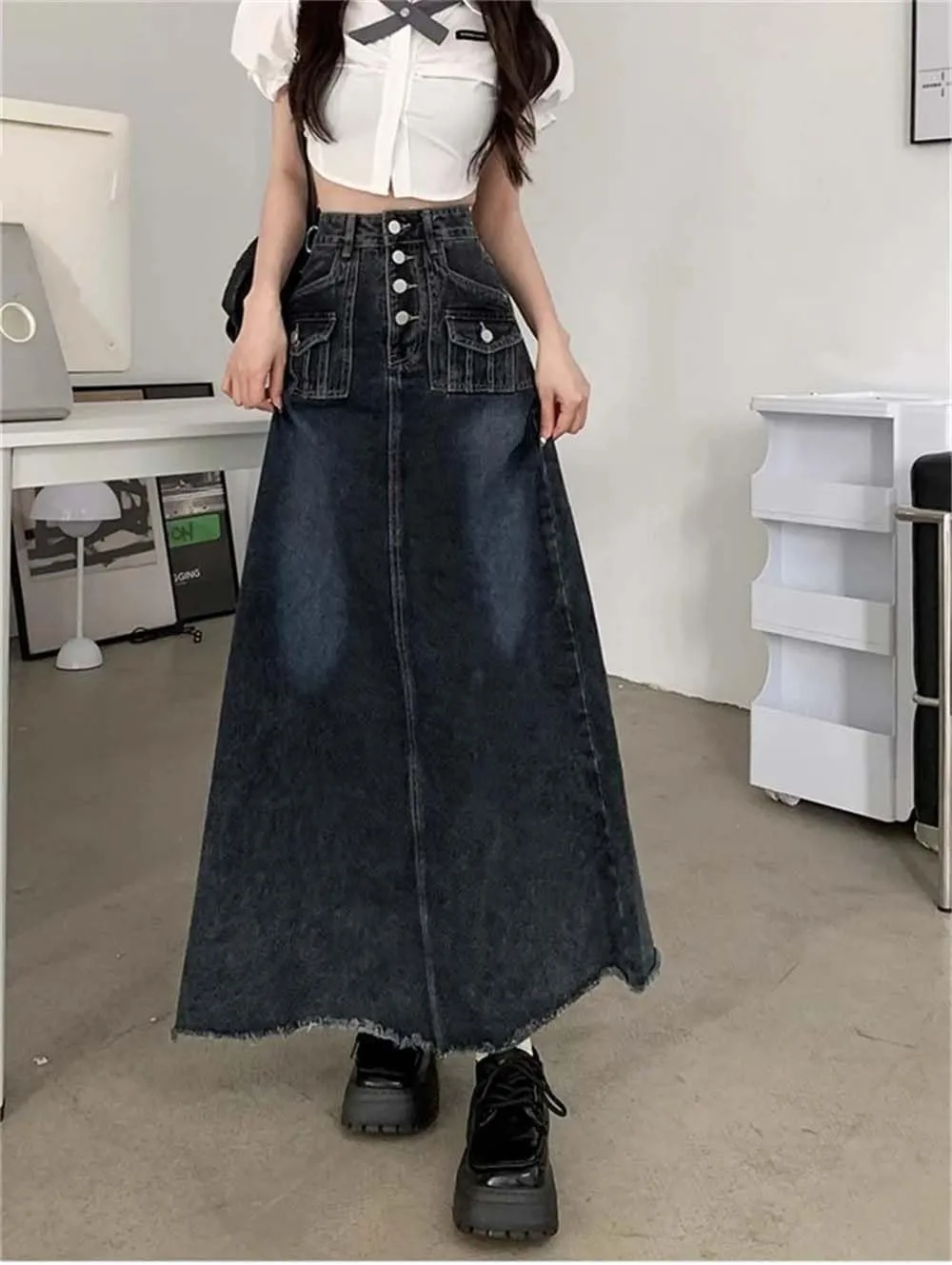 Women's Single Row Button Long Denim Skirt Vintage Summer A-Line Ankle-Length Skirts