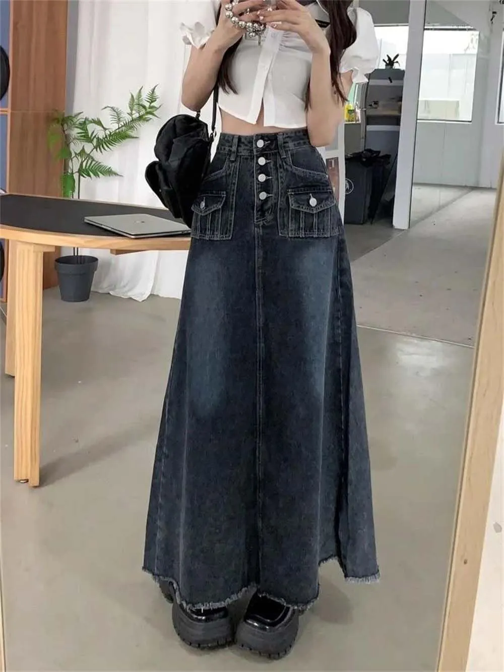 Women's Single Row Button Long Denim Skirt Vintage Summer A-Line Ankle-Length Skirts