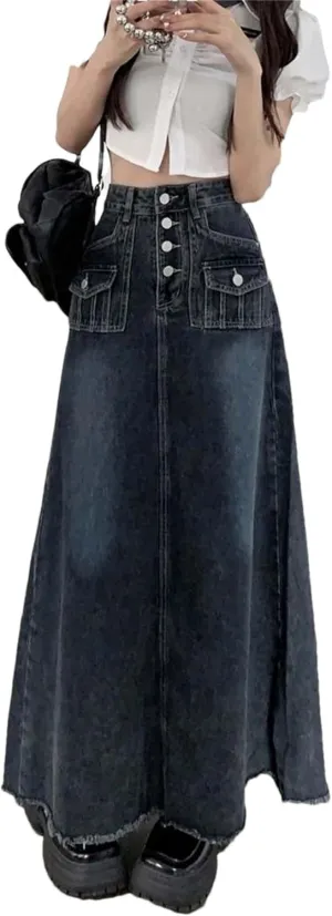 Women's Single Row Button Long Denim Skirt Vintage Summer A-Line Ankle-Length Skirts