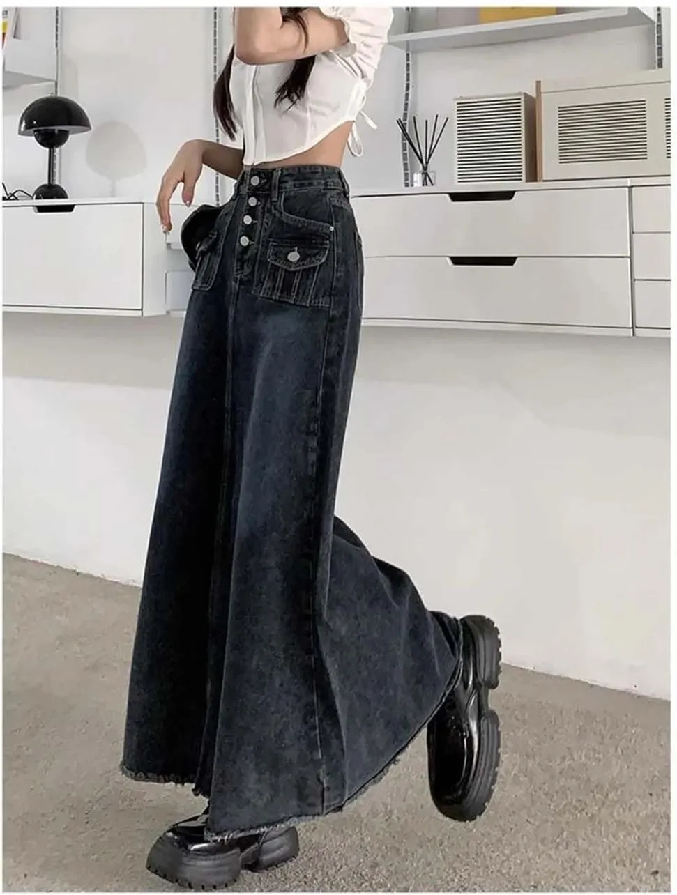 Women's Single Row Button Long Denim Skirt Vintage Summer A-Line Ankle-Length Skirts