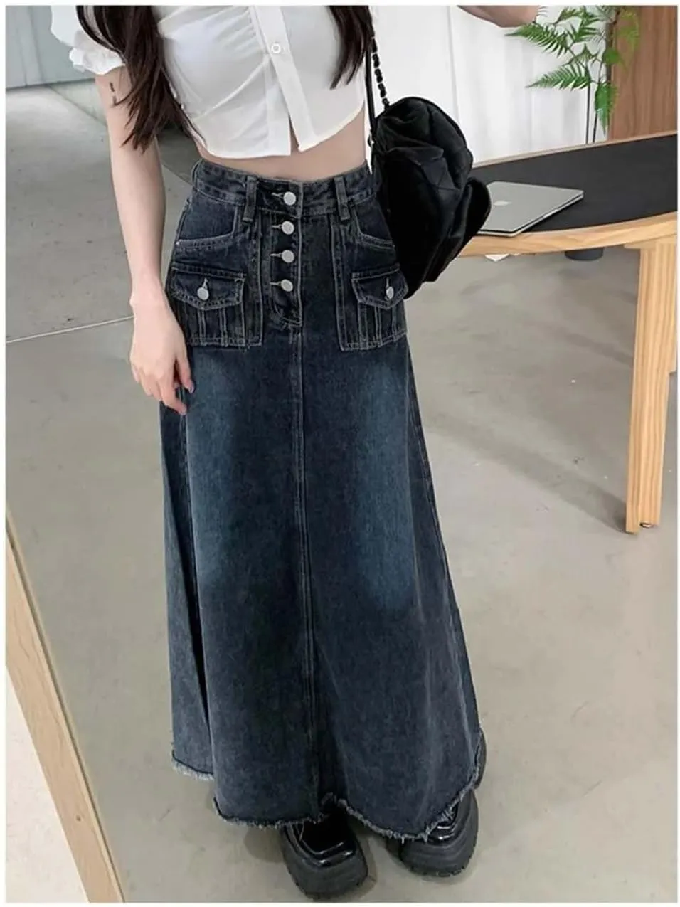 Women's Single Row Button Long Denim Skirt Vintage Summer A-Line Ankle-Length Skirts