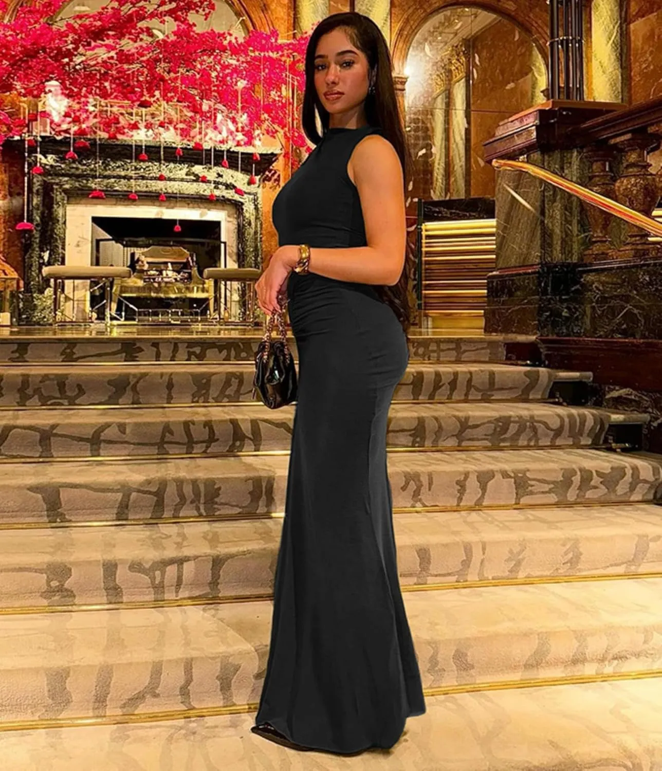 Women's Sleeveless Cinched Waist Maxi Dress Elegant Ruched Fishtail Bodycon Long Dress Causal Party Dresses