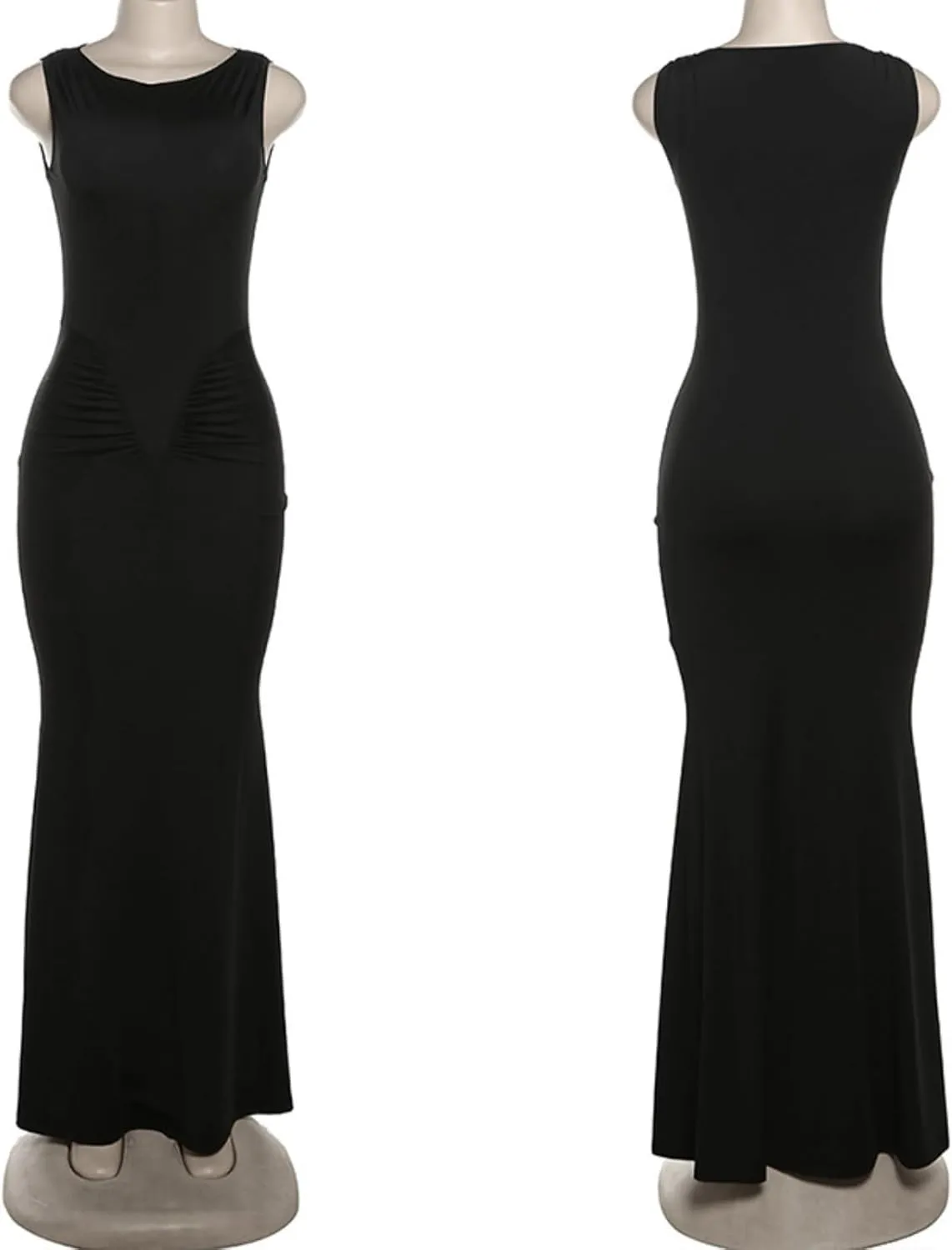 Women's Sleeveless Cinched Waist Maxi Dress Elegant Ruched Fishtail Bodycon Long Dress Causal Party Dresses