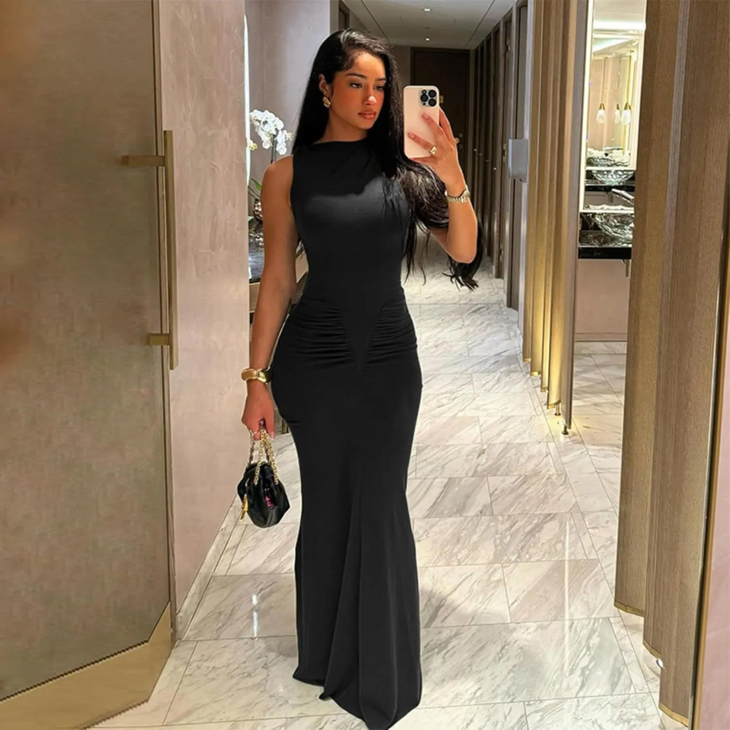 Women's Sleeveless Cinched Waist Maxi Dress Elegant Ruched Fishtail Bodycon Long Dress Causal Party Dresses